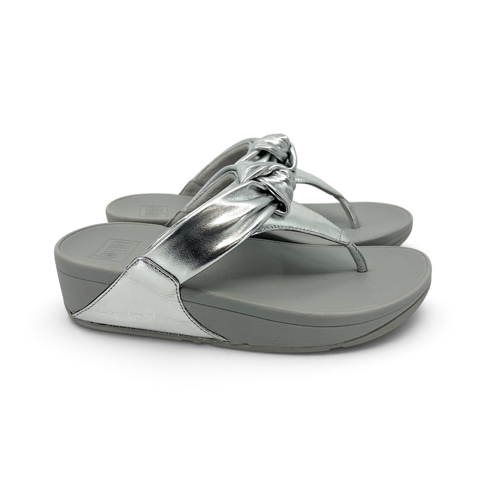 FitFlop Lulu Padded Knot Toe-Post Sandals Women's Size 7 Silver Metallic Leather